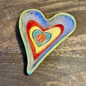 Whimsical Laurie Pollpeter Eskenazi Art Pottery Heart Trinket Dish multi color
